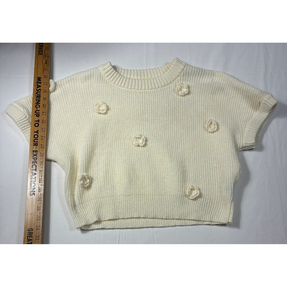 Unbranded Ivory Cropped Short Sleeve Sweater 3D Floral Applique Ribbed Knit Crew
